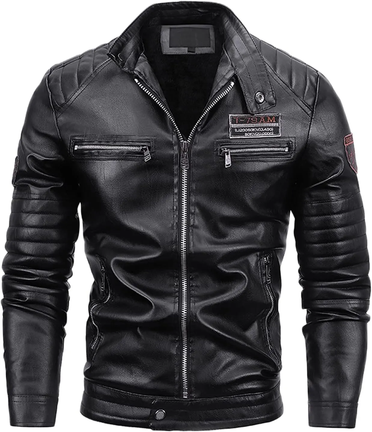 Fleece Lined Faux Leather Jackets for Men Full Zip Jacket with Stand Up Collar Slim Fit VSlim Fit Motorcycle Jacket