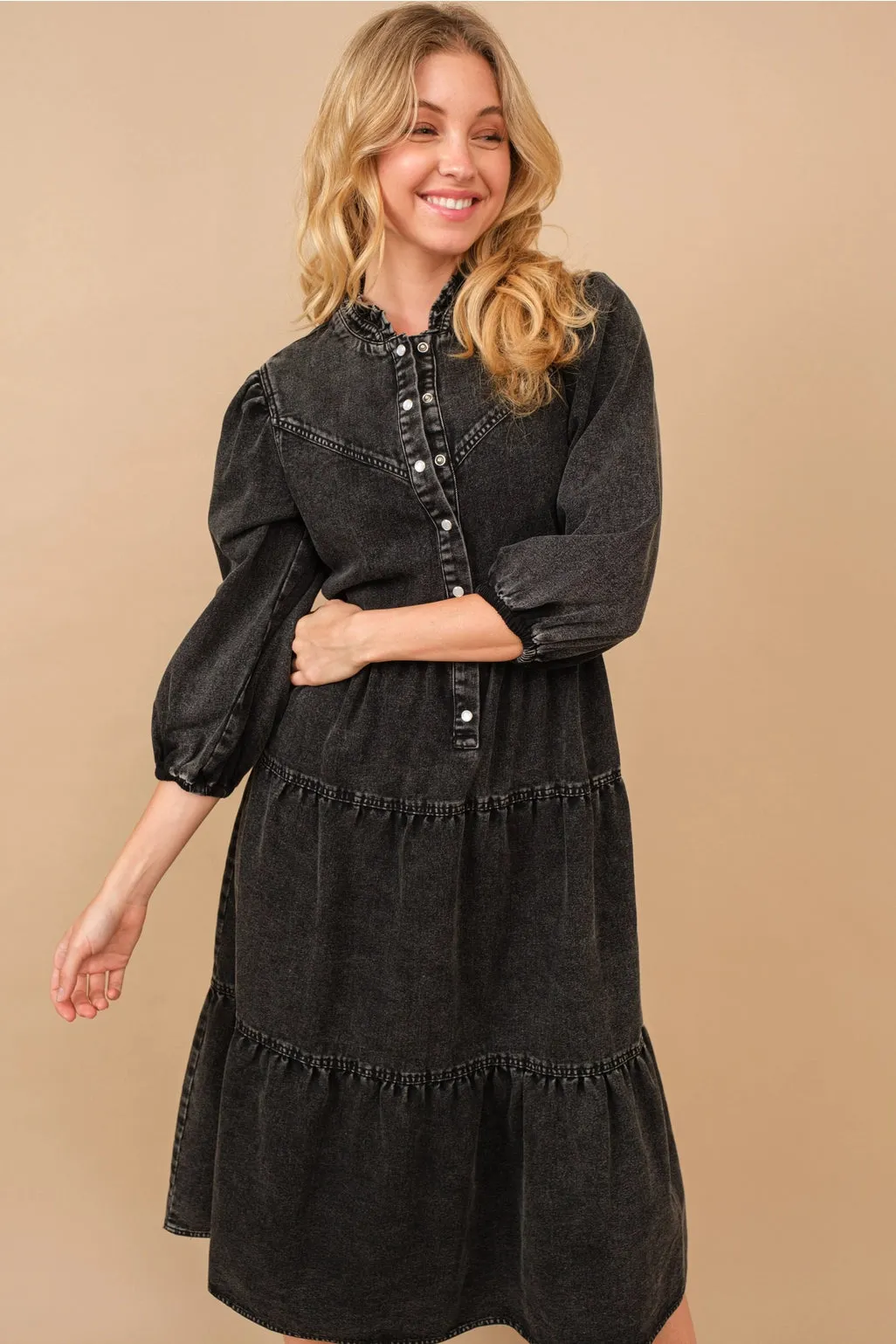 Garment Washed Chevron Yoke Midi Denim Dress Black