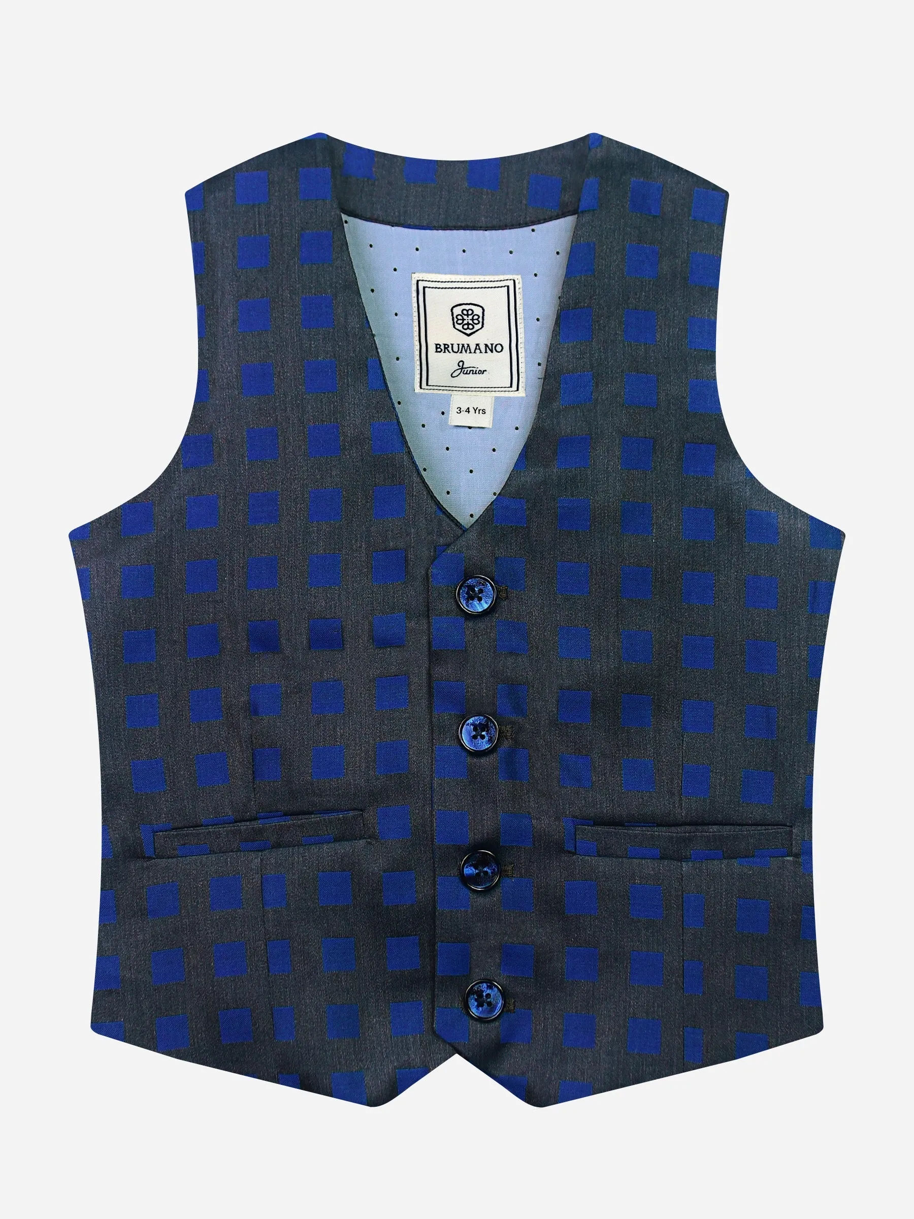 Grey & Blue Square Patterned Suit Vest With Bow