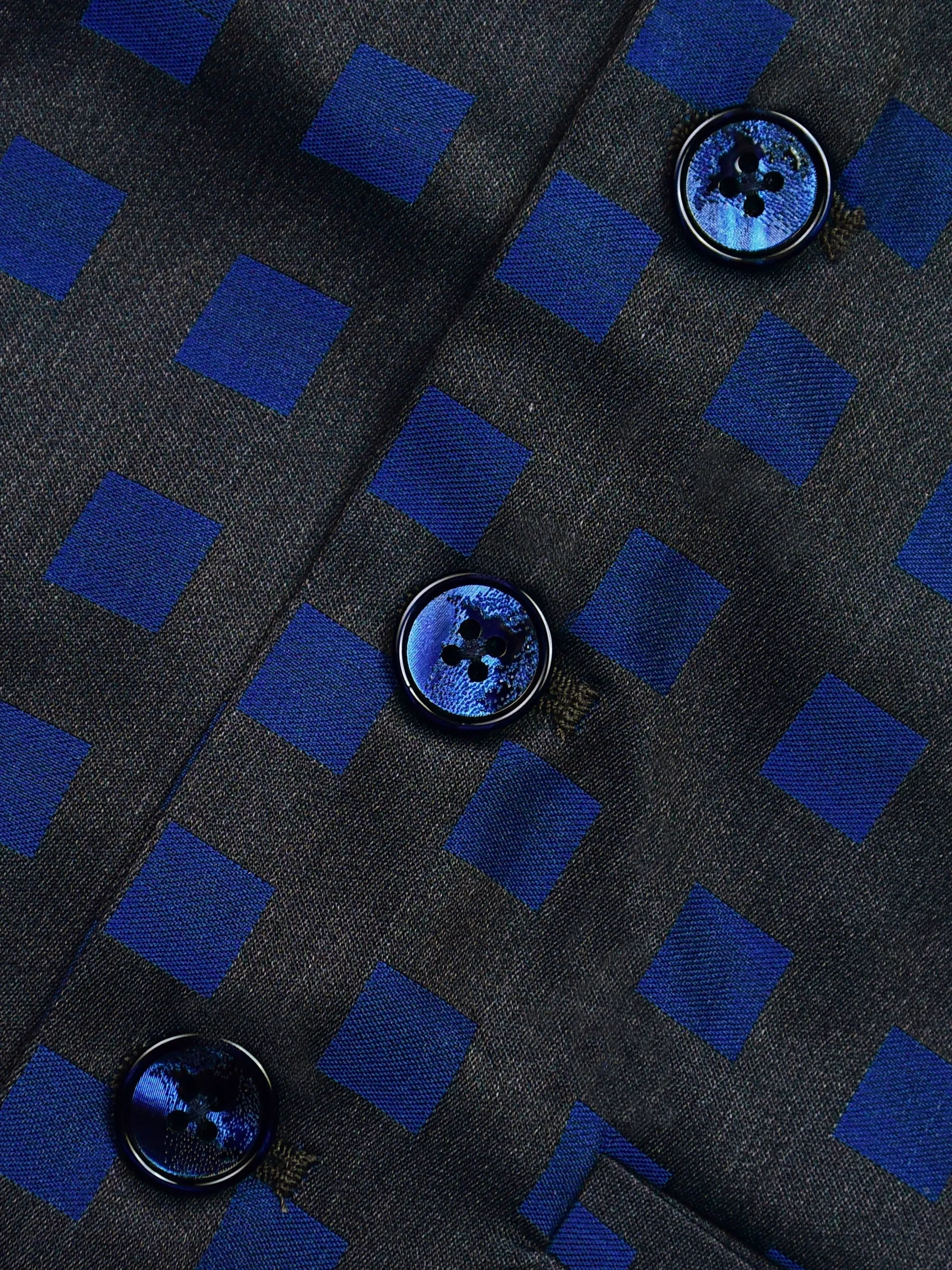 Grey & Blue Square Patterned Suit Vest With Bow