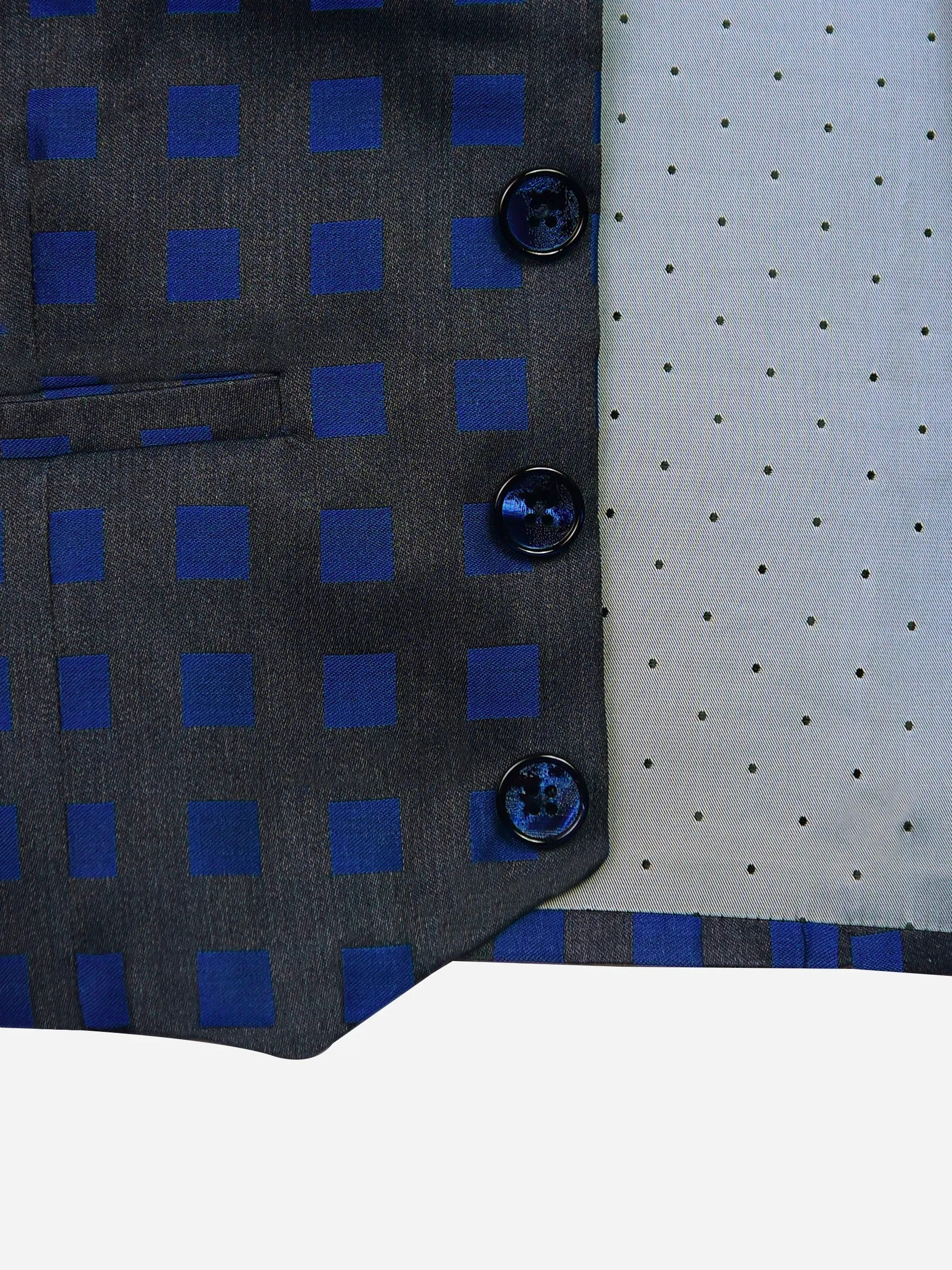 Grey & Blue Square Patterned Suit Vest With Bow