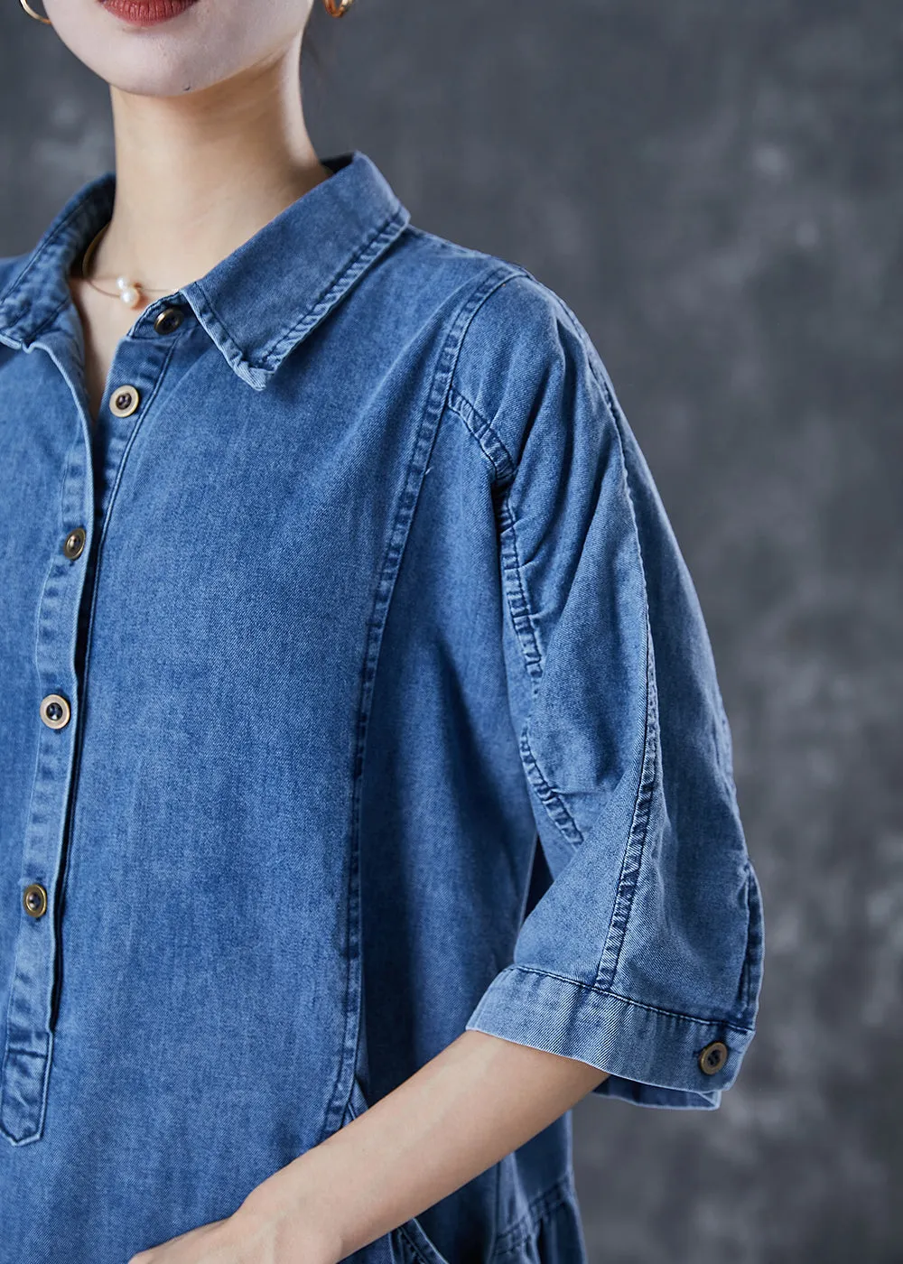 Handmade Blue Peter Pan Collar Denim A Line Dresses Half Sleeve ML1810