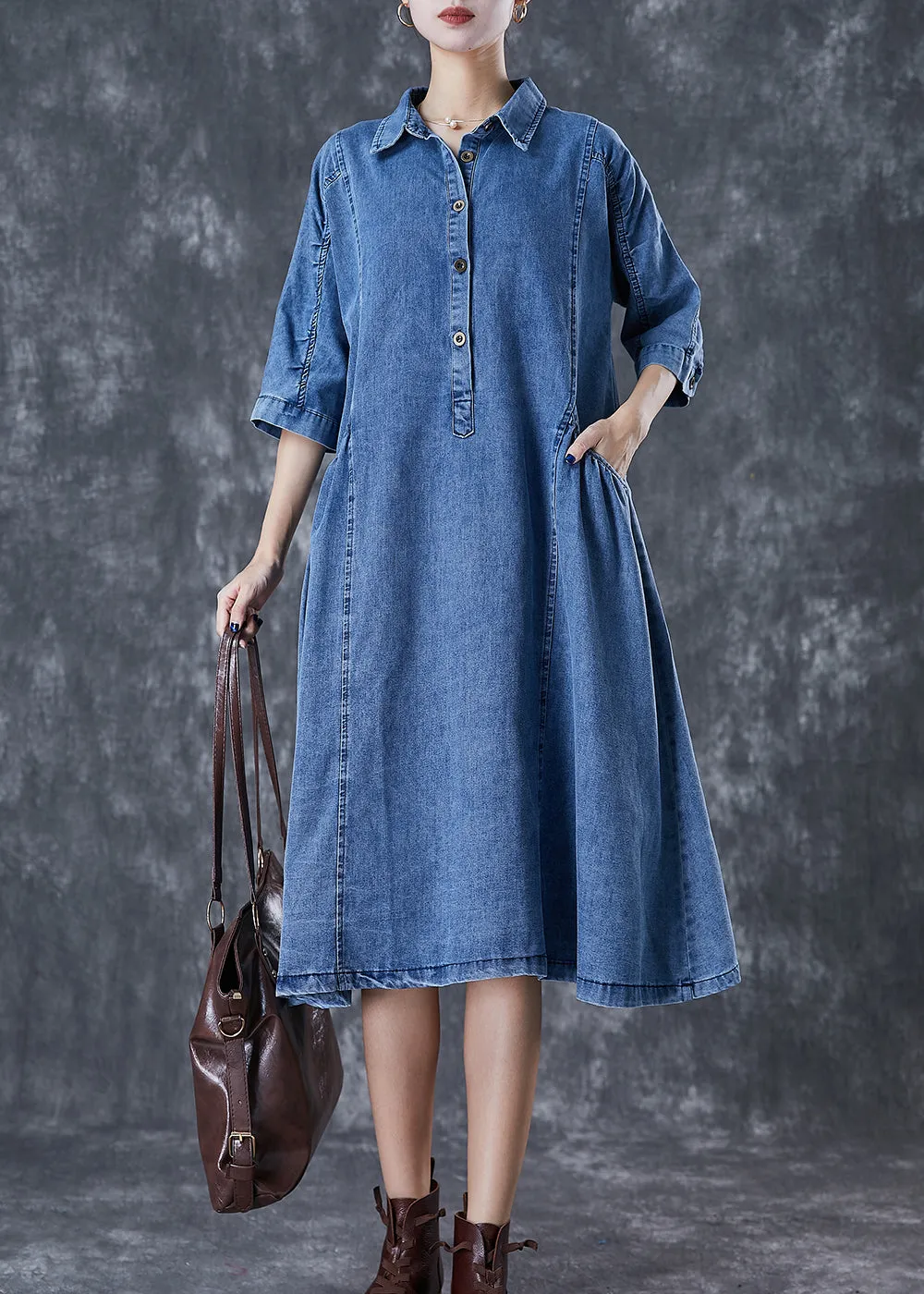 Handmade Blue Peter Pan Collar Denim A Line Dresses Half Sleeve ML1810