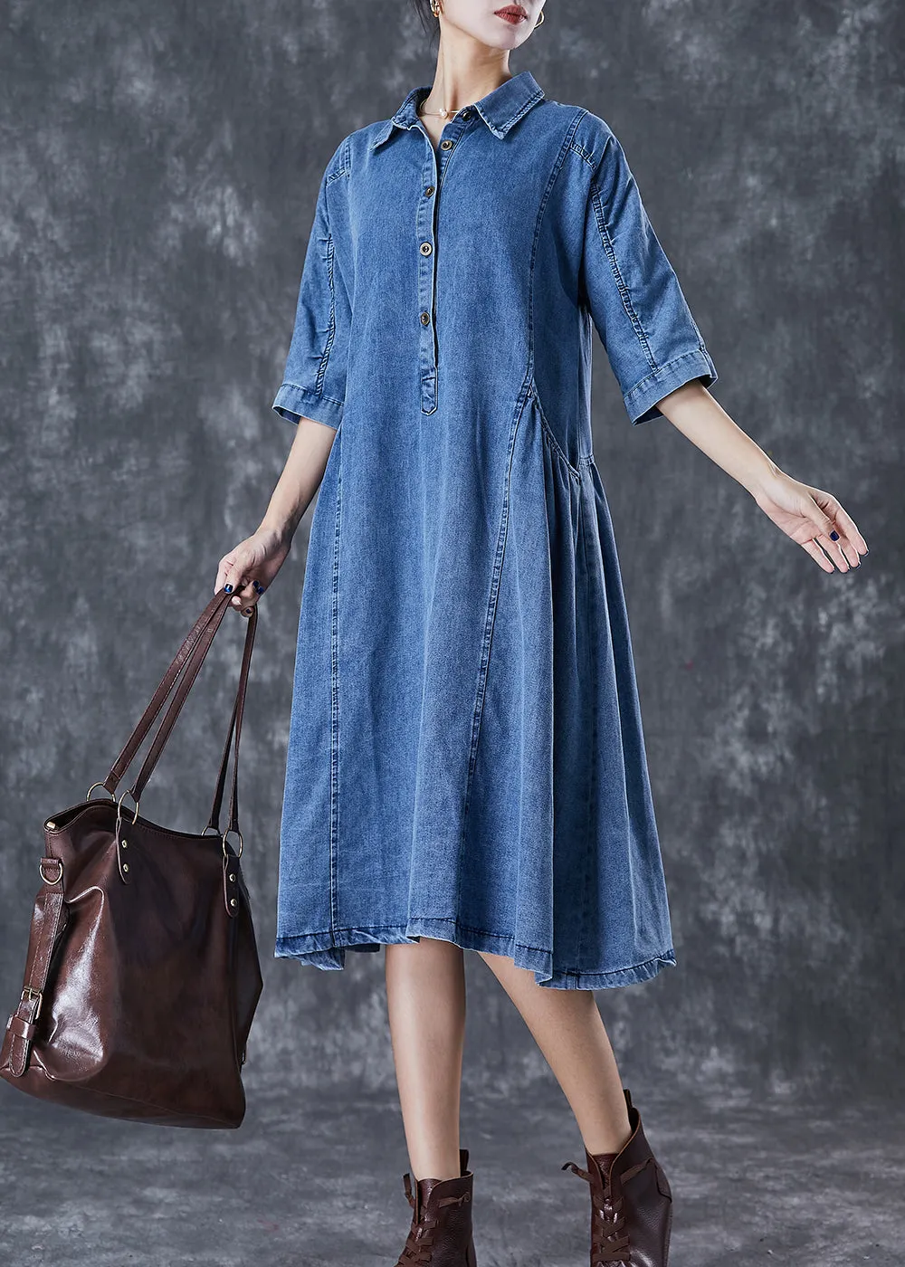 Handmade Blue Peter Pan Collar Denim A Line Dresses Half Sleeve ML1810