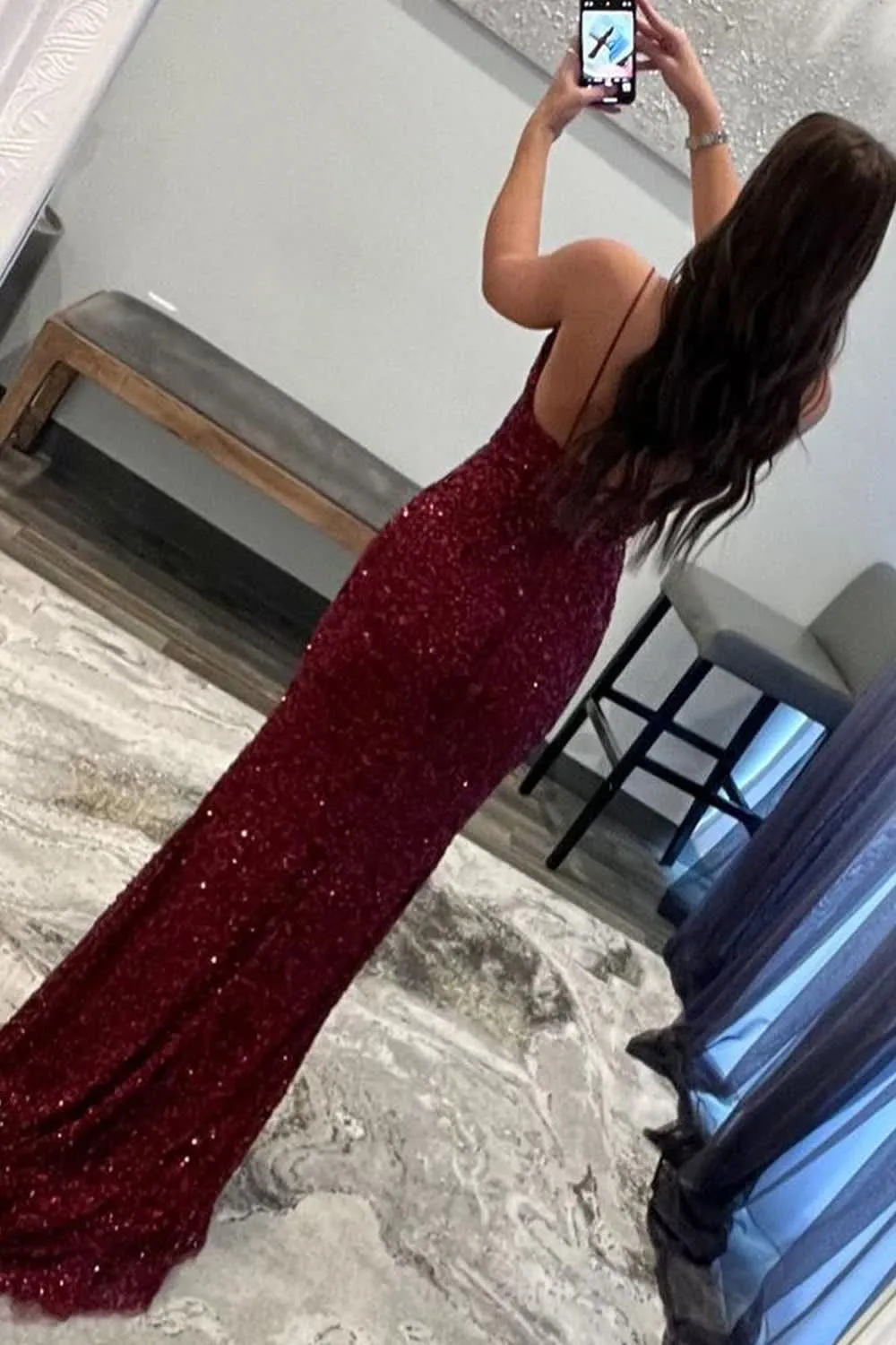 kamahe Sparkly Dark Red Sequins Long Prom Dress with Slit Formal Evening Dresses