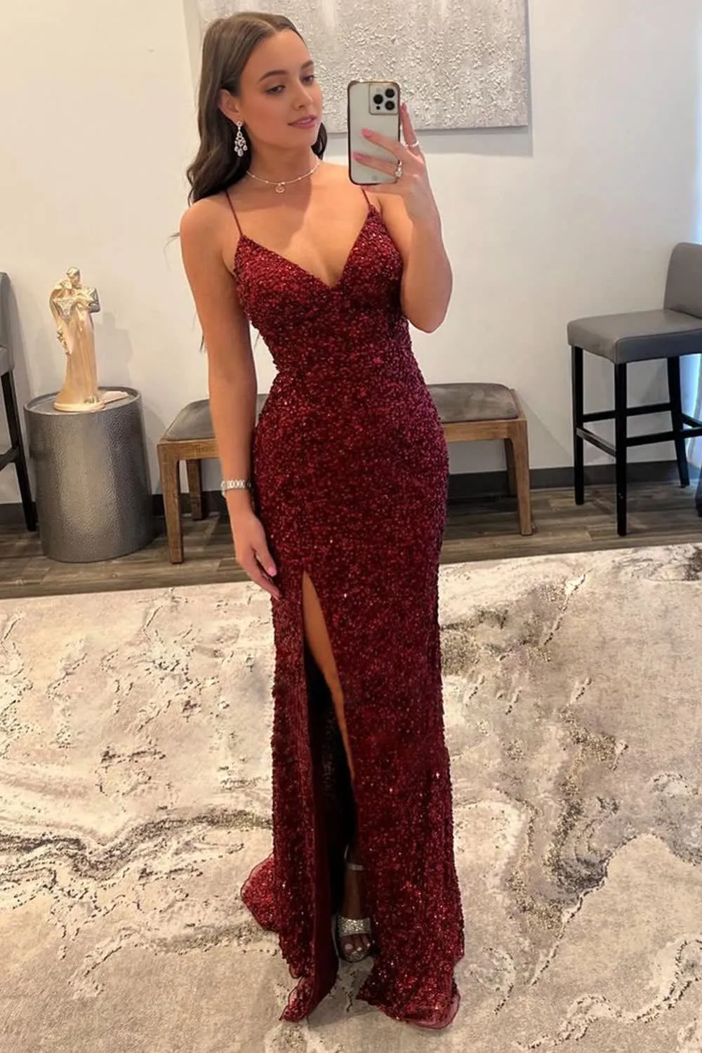 kamahe Sparkly Dark Red Sequins Long Prom Dress with Slit Formal Evening Dresses