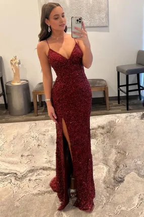 kamahe Sparkly Dark Red Sequins Long Prom Dress with Slit Formal Evening Dresses