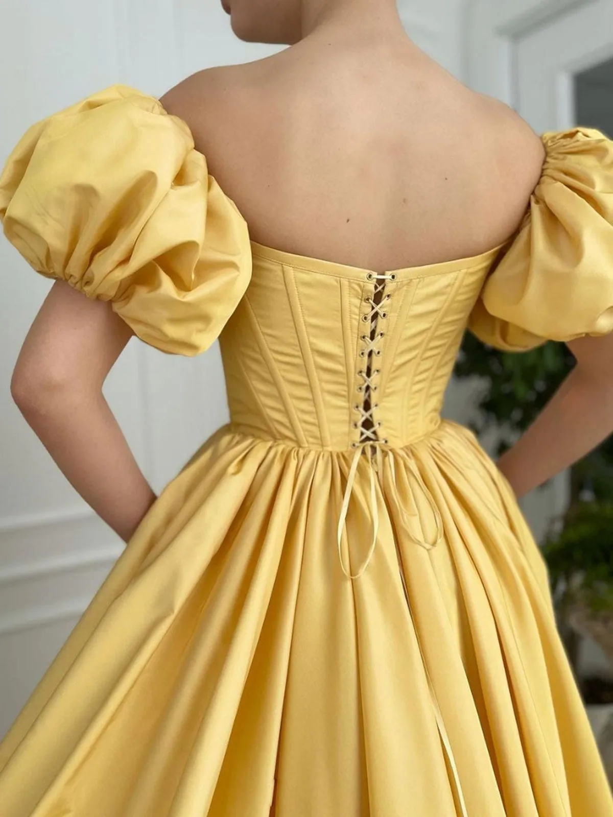 Lantern Sleeve High Slit Yellow Long Prom Dresses with Pocket, Lantern Sleeve Yellow Formal Evening Dresses