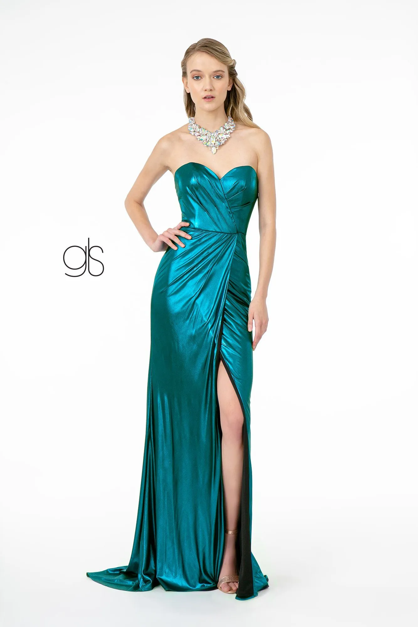 Long Strapless Faux Wrap Metallic Dress by Elizabeth K GL2894
