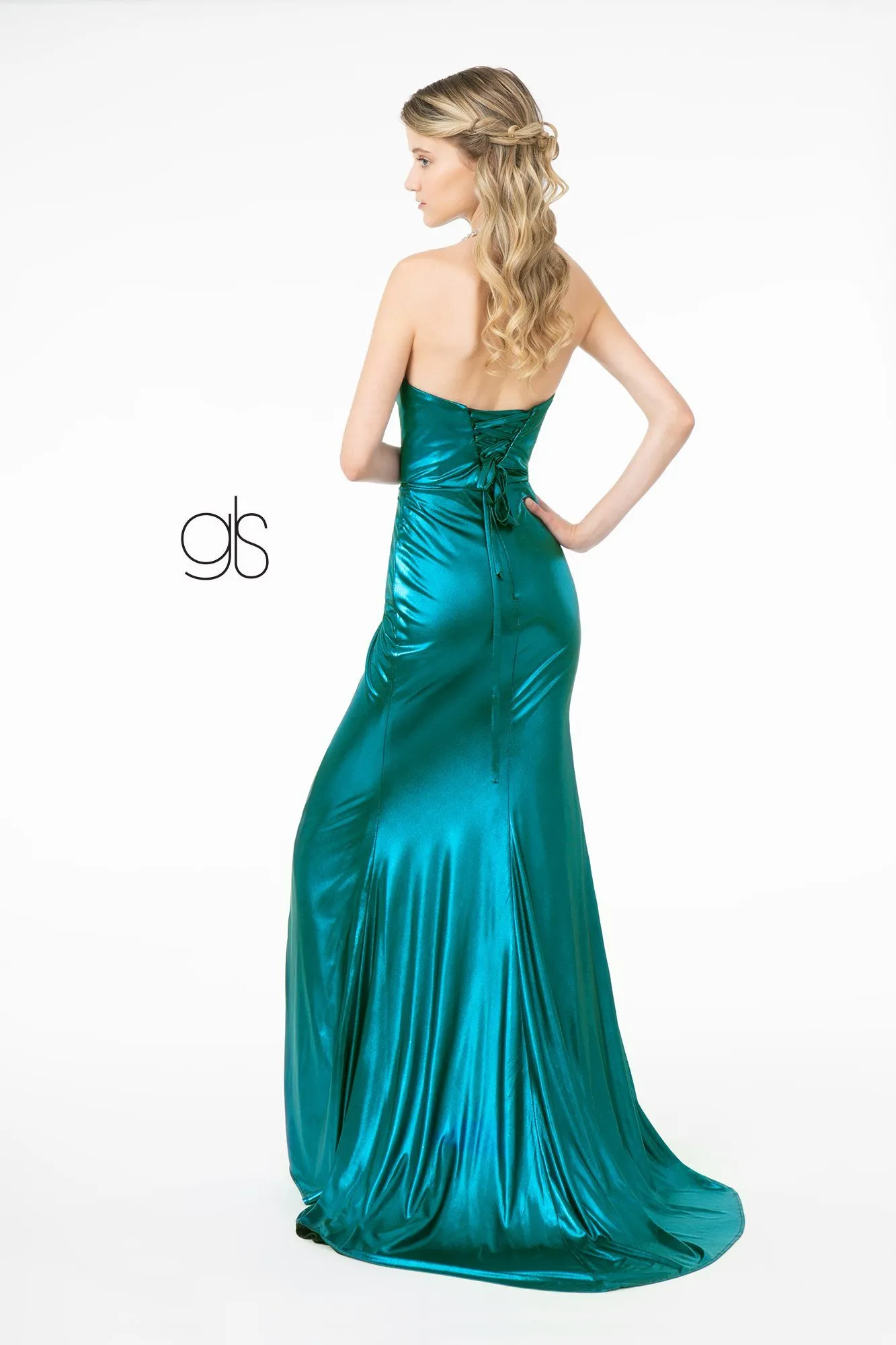 Long Strapless Faux Wrap Metallic Dress by Elizabeth K GL2894