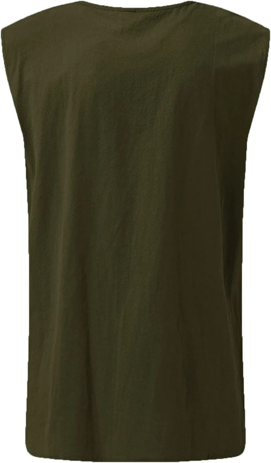 Mens Beach Shirts Summer Casual Baggy Cotton Linen Sleeveless Tee Shirts V-Neck Drawstring Fashion Hippie Tank Tops