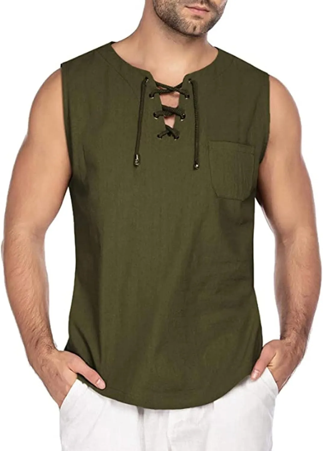 Mens Beach Shirts Summer Casual Baggy Cotton Linen Sleeveless Tee Shirts V-Neck Drawstring Fashion Hippie Tank Tops
