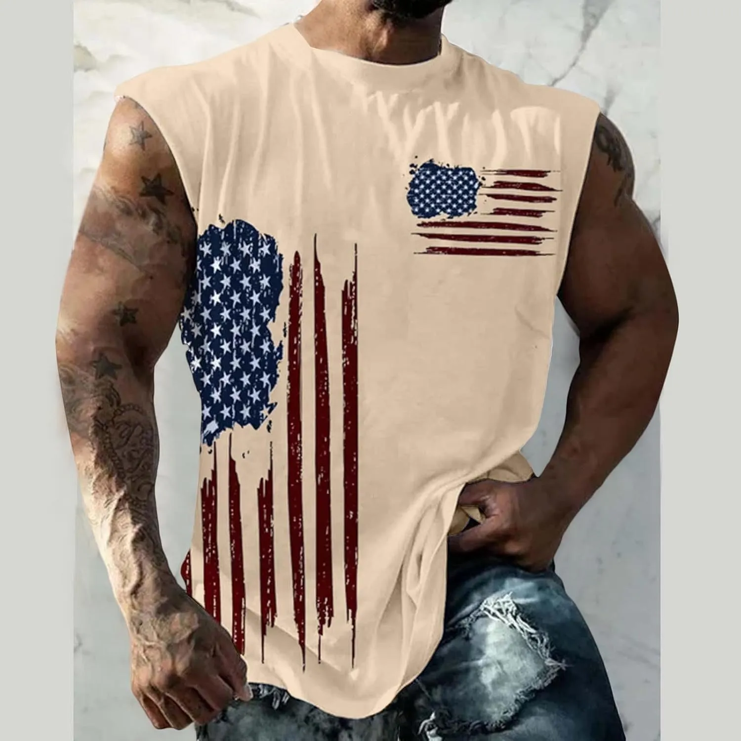 Men's Big and Tall Sleeveless Tank Top American Flag Patriotic Shirts Plus Size USA Graphic Fashion Muscle Gym Tees Vest