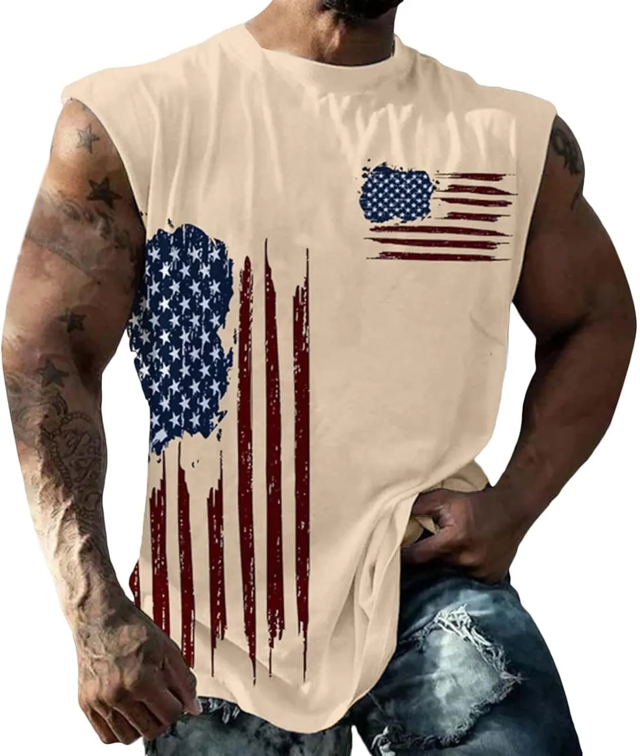Men's Big and Tall Sleeveless Tank Top American Flag Patriotic Shirts Plus Size USA Graphic Fashion Muscle Gym Tees Vest