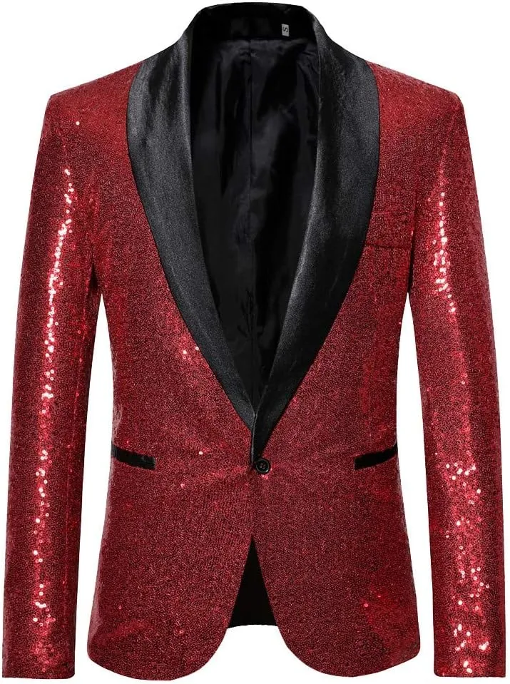 Mens Black Sequin Shiny Prom Suit Jacket One Button Slim Fit Sport Coat Blazers Party Banquet Fashion Tuxedo for Mens