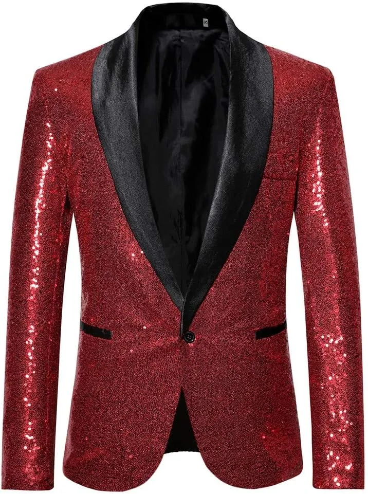 Mens Black Sequin Shiny Prom Suit Jacket One Button Slim Fit Sport Coat Blazers Party Banquet Fashion Tuxedo for Mens