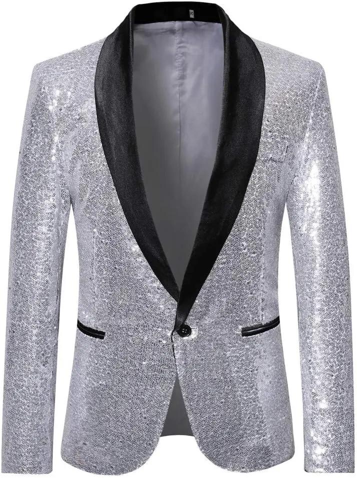 Mens Black Sequin Shiny Prom Suit Jacket One Button Slim Fit Sport Coat Blazers Party Banquet Fashion Tuxedo for Mens
