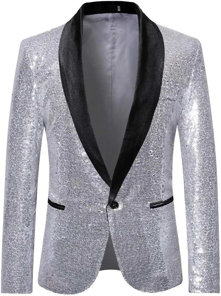 Mens Black Sequin Shiny Prom Suit Jacket One Button Slim Fit Sport Coat Blazers Party Banquet Fashion Tuxedo for Mens
