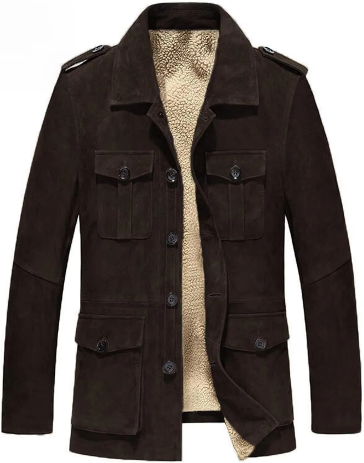Mens Faux Suede Trench Coats Heavyweight Sherpa Lined Single Breasted Warm Pea Coats Sheepskin Winter Bomber Jackets