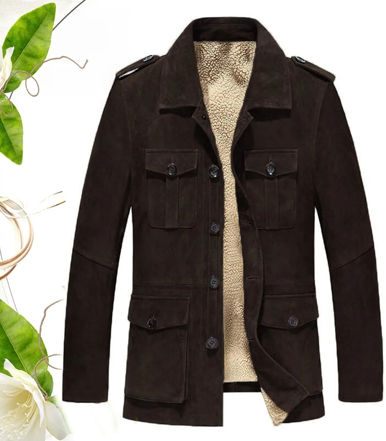Mens Faux Suede Trench Coats Heavyweight Sherpa Lined Single Breasted Warm Pea Coats Sheepskin Winter Bomber Jackets