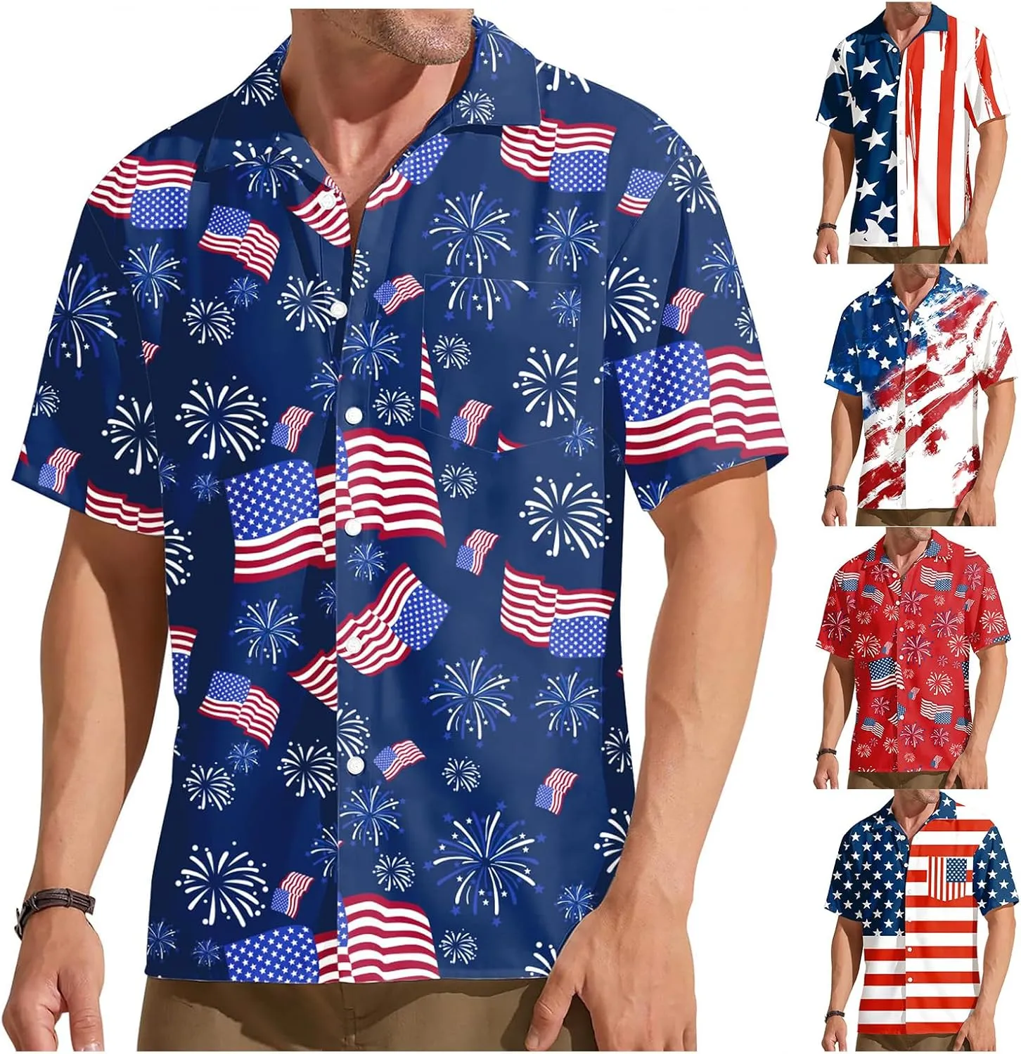 Mens Hawaiian Beach Polo Shirts American Flag Print Stylish Tops 4th of July Patriotic Shirt Summer Button Lapel Tops