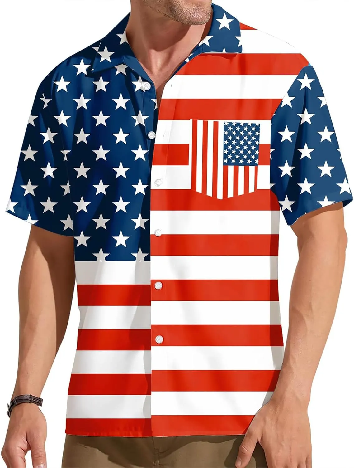 Mens Hawaiian Beach Polo Shirts American Flag Print Stylish Tops 4th of July Patriotic Shirt Summer Button Lapel Tops