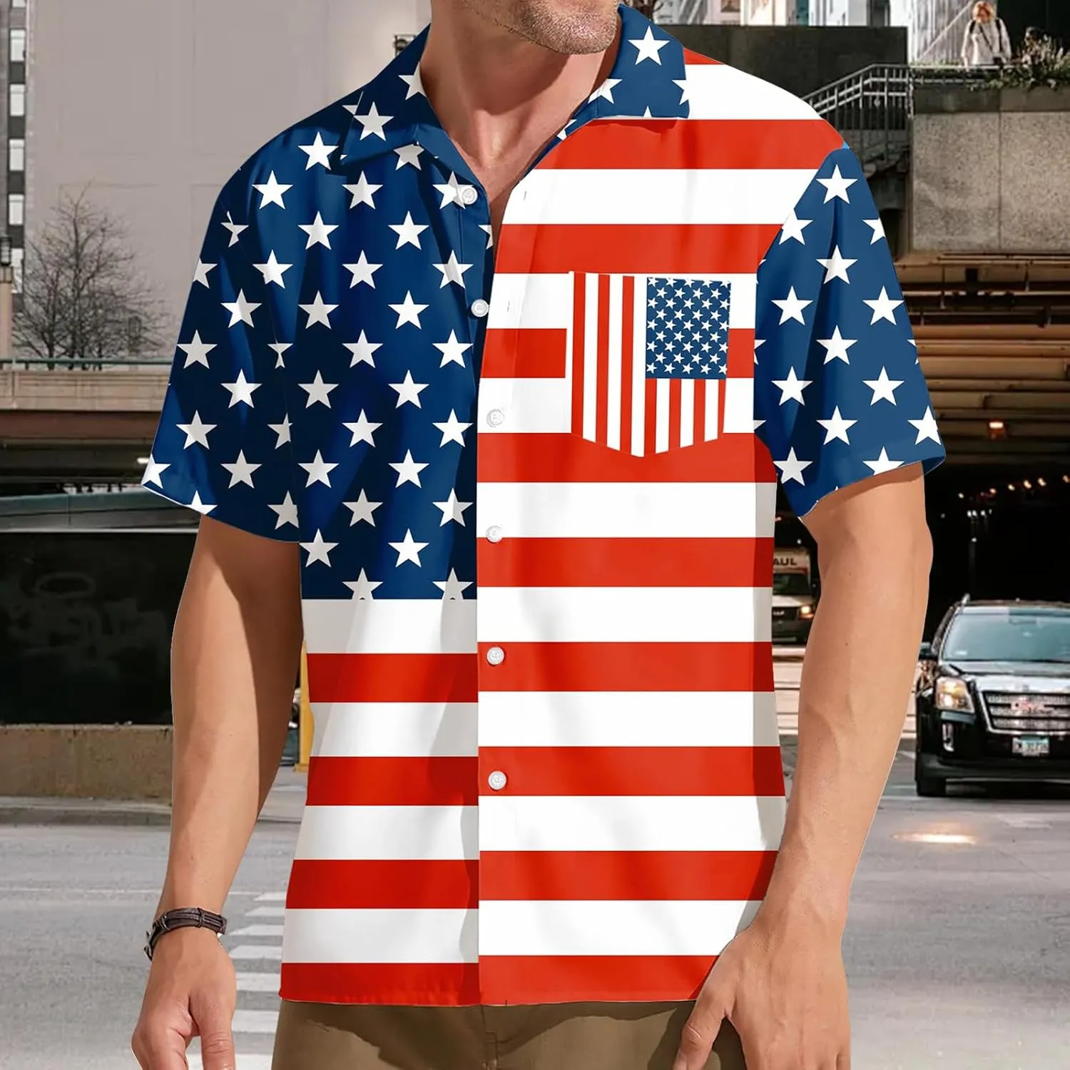Mens Hawaiian Beach Polo Shirts American Flag Print Stylish Tops 4th of July Patriotic Shirt Summer Button Lapel Tops