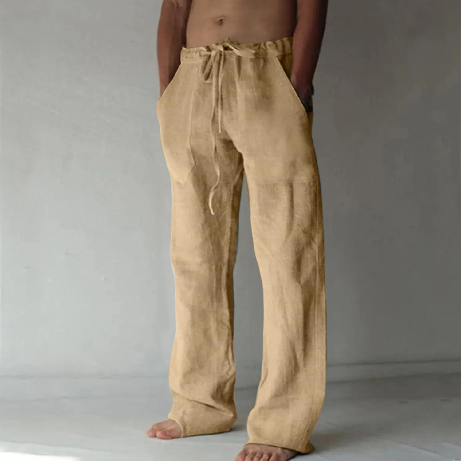 Mens Lightweight Pants Casual Stylish Cotton Linen Loose Trouser Summer Drawstring Elastic Waist Beach Sweatpants
