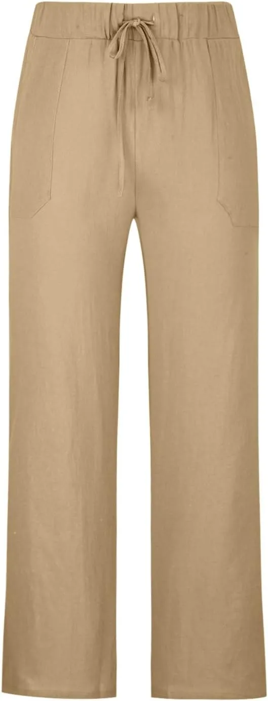 Mens Lightweight Pants Casual Stylish Cotton Linen Loose Trouser Summer Drawstring Elastic Waist Beach Sweatpants