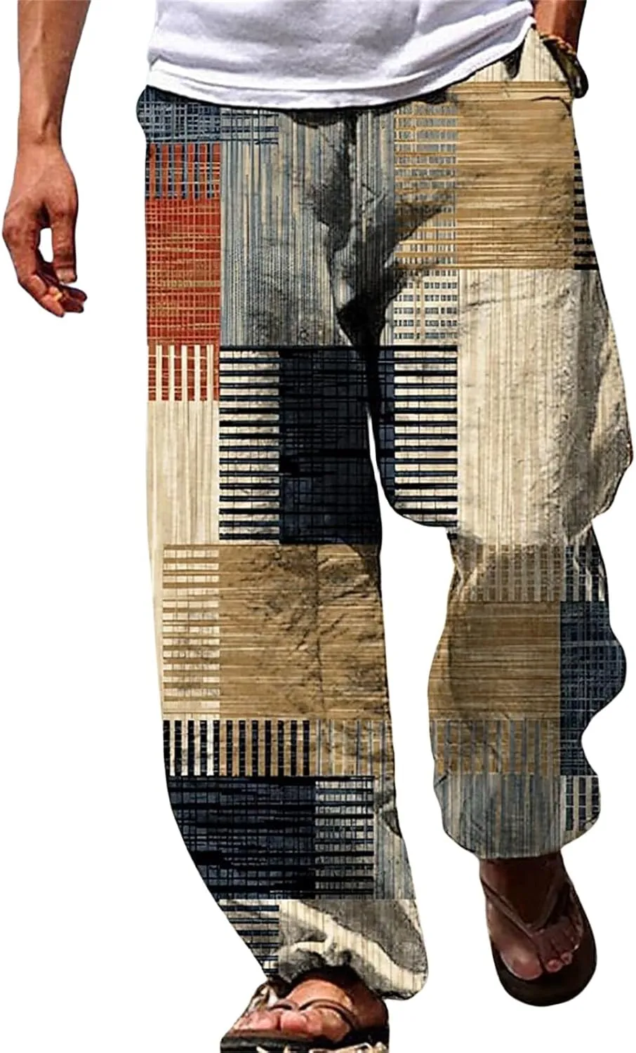 Mens Linen Beach Pants Big and Tall Casual Vacation Print Pants Loose Fit Straight-Legs Lightweight Trousers Streetwear