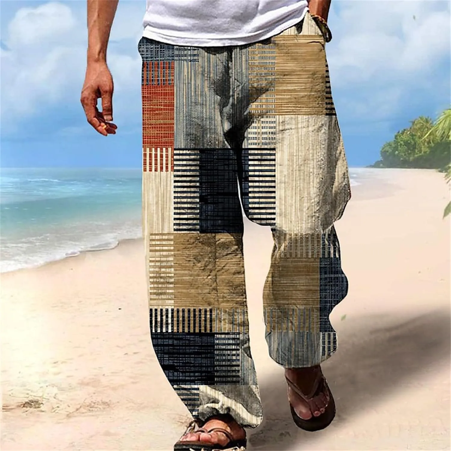 Mens Linen Beach Pants Big and Tall Casual Vacation Print Pants Loose Fit Straight-Legs Lightweight Trousers Streetwear