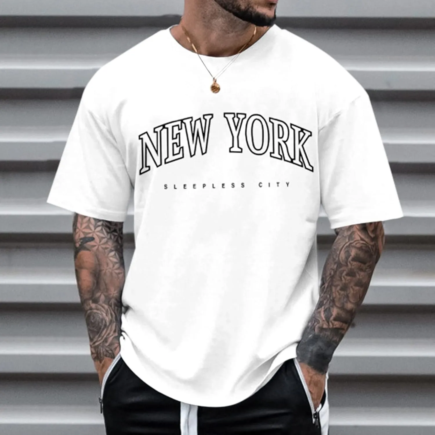 Men's Oversized Graphic Tees Short Sleeve New York Letter Print T-Shirt Summer Causal Crewneck Tee Tops