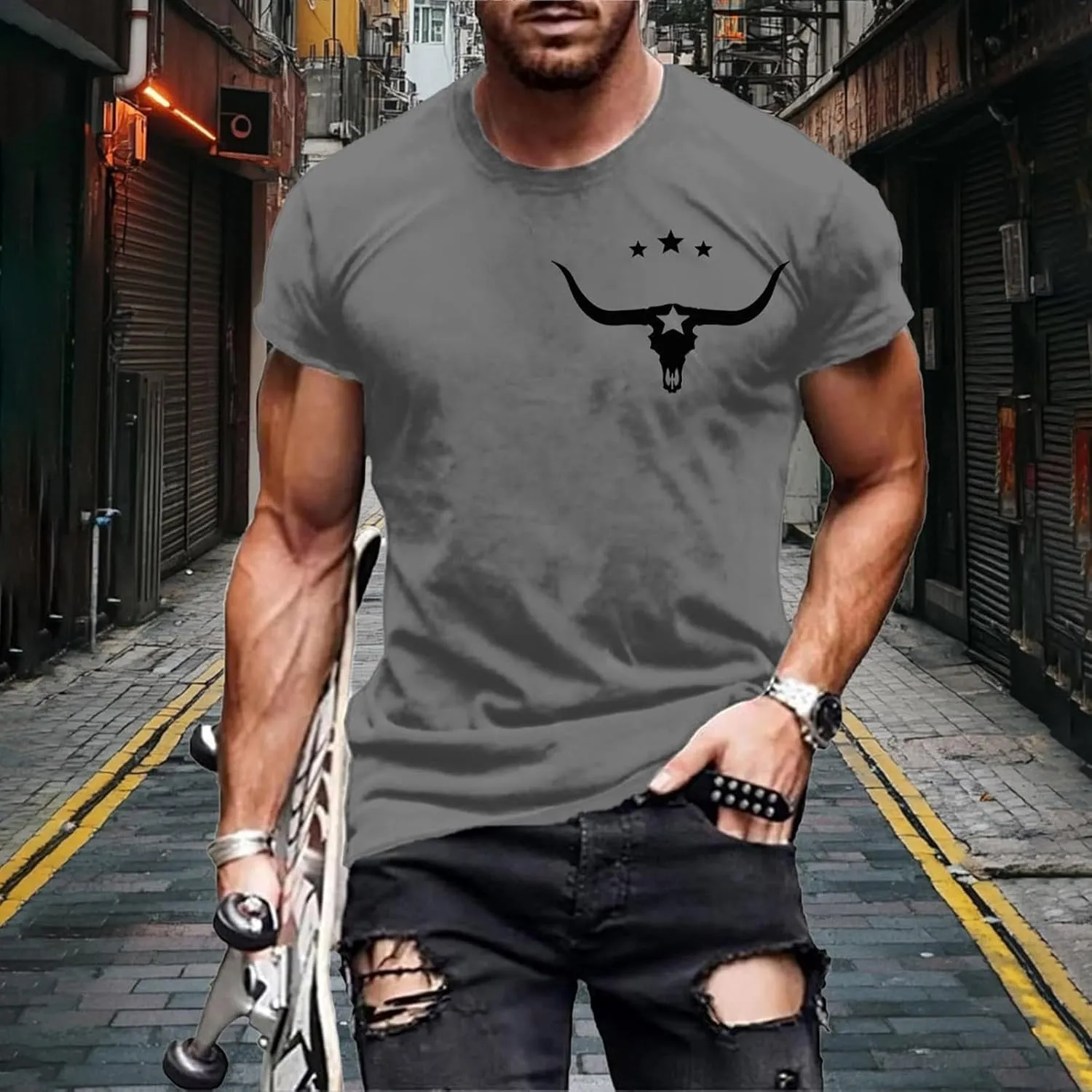 Mens Slim Fit Graphic Tees 2025 Trendy Short Sleeve Vintage T-Shirts Letter Horns Print Casual Crewneck Cotton Tops