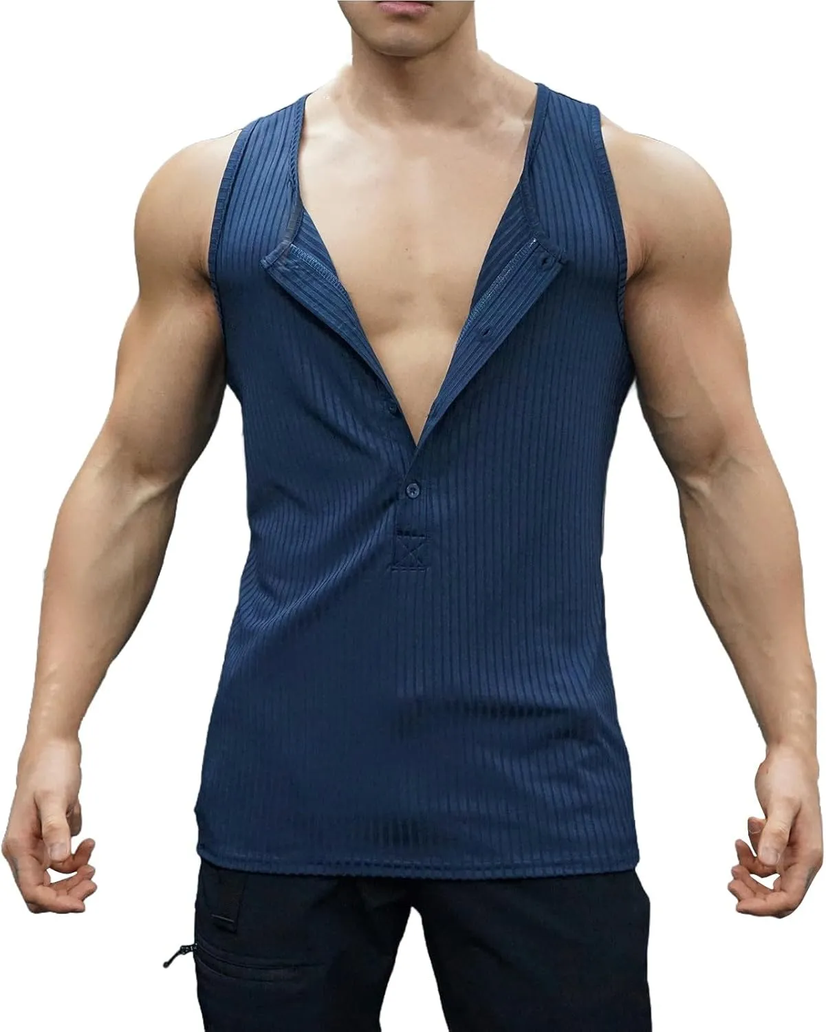 Men's Striped Knit Tank Top Sleeveless Gym Workout Casual Slim Fit Outfit Half Button Quick Dry Training Beach Summer Wear