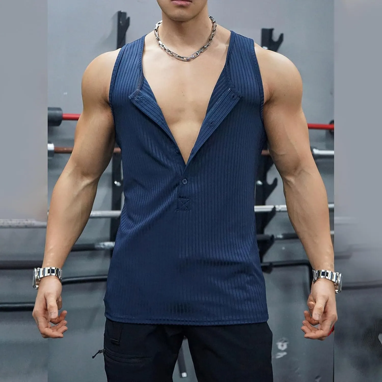 Men's Striped Knit Tank Top Sleeveless Gym Workout Casual Slim Fit Outfit Half Button Quick Dry Training Beach Summer Wear