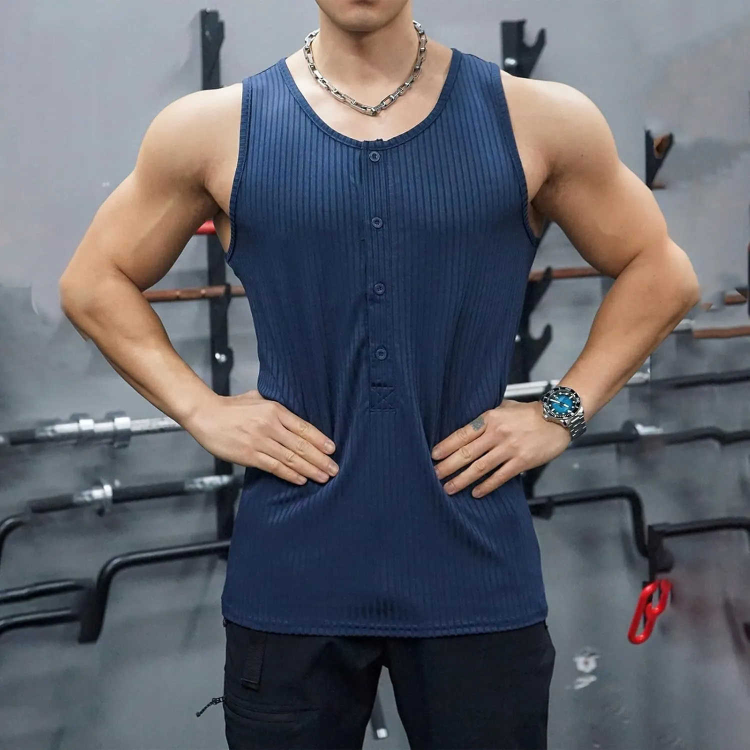Men's Striped Knit Tank Top Sleeveless Gym Workout Casual Slim Fit Outfit Half Button Quick Dry Training Beach Summer Wear
