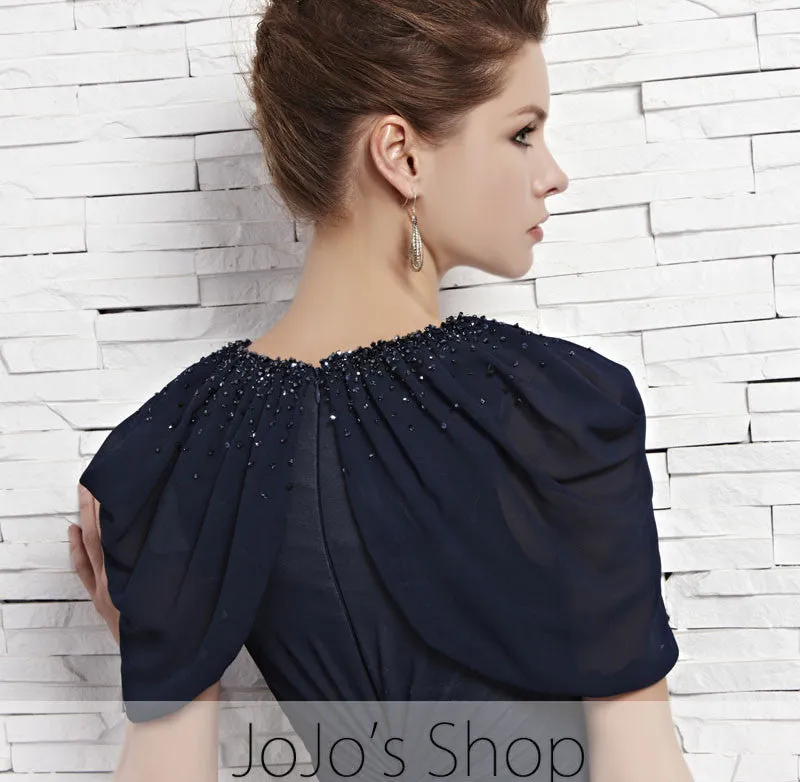 Navy Blue Short Sleeves Chiffon V Neck Evening Formal Dress CX881533