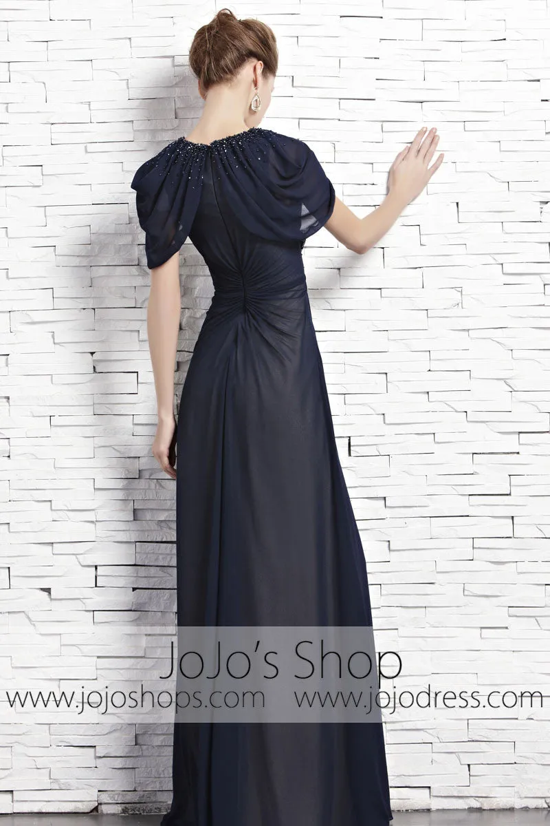Navy Blue Short Sleeves Chiffon V Neck Evening Formal Dress CX881533