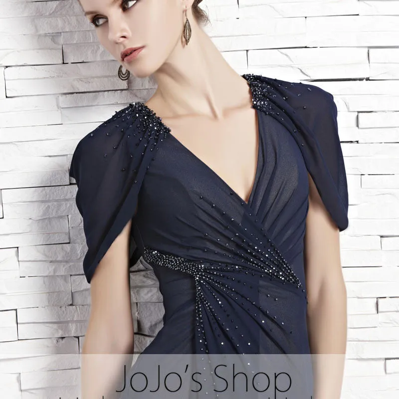 Navy Blue Short Sleeves Chiffon V Neck Evening Formal Dress CX881533