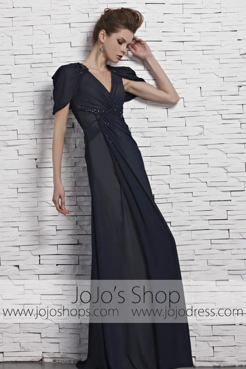 Navy Blue Short Sleeves Chiffon V Neck Evening Formal Dress CX881533