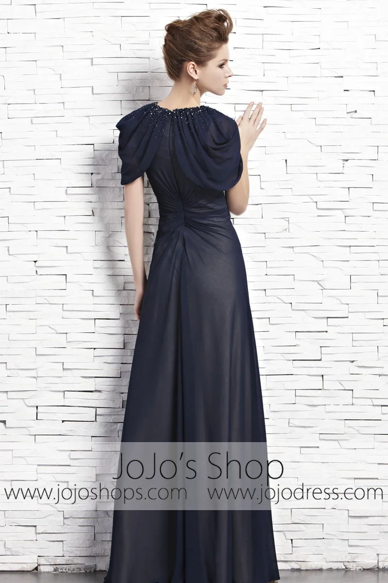 Navy Blue Short Sleeves Chiffon V Neck Evening Formal Dress CX881533