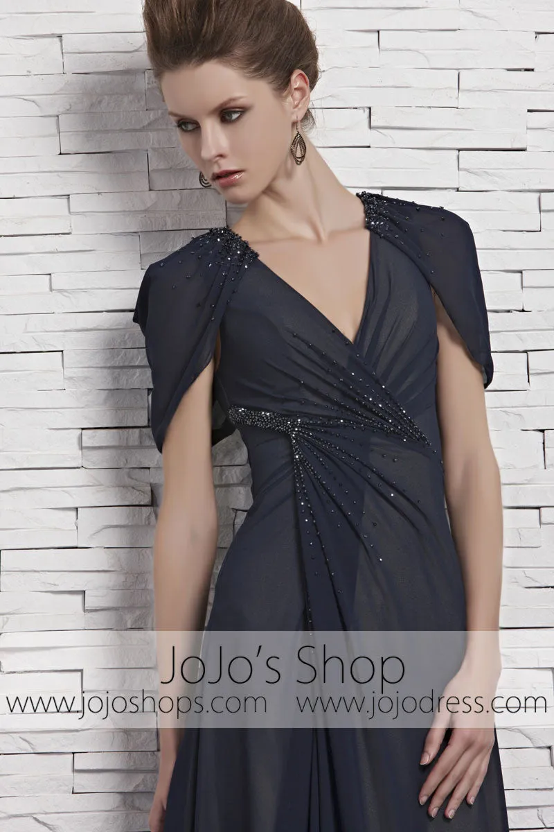 Navy Blue Short Sleeves Chiffon V Neck Evening Formal Dress CX881533
