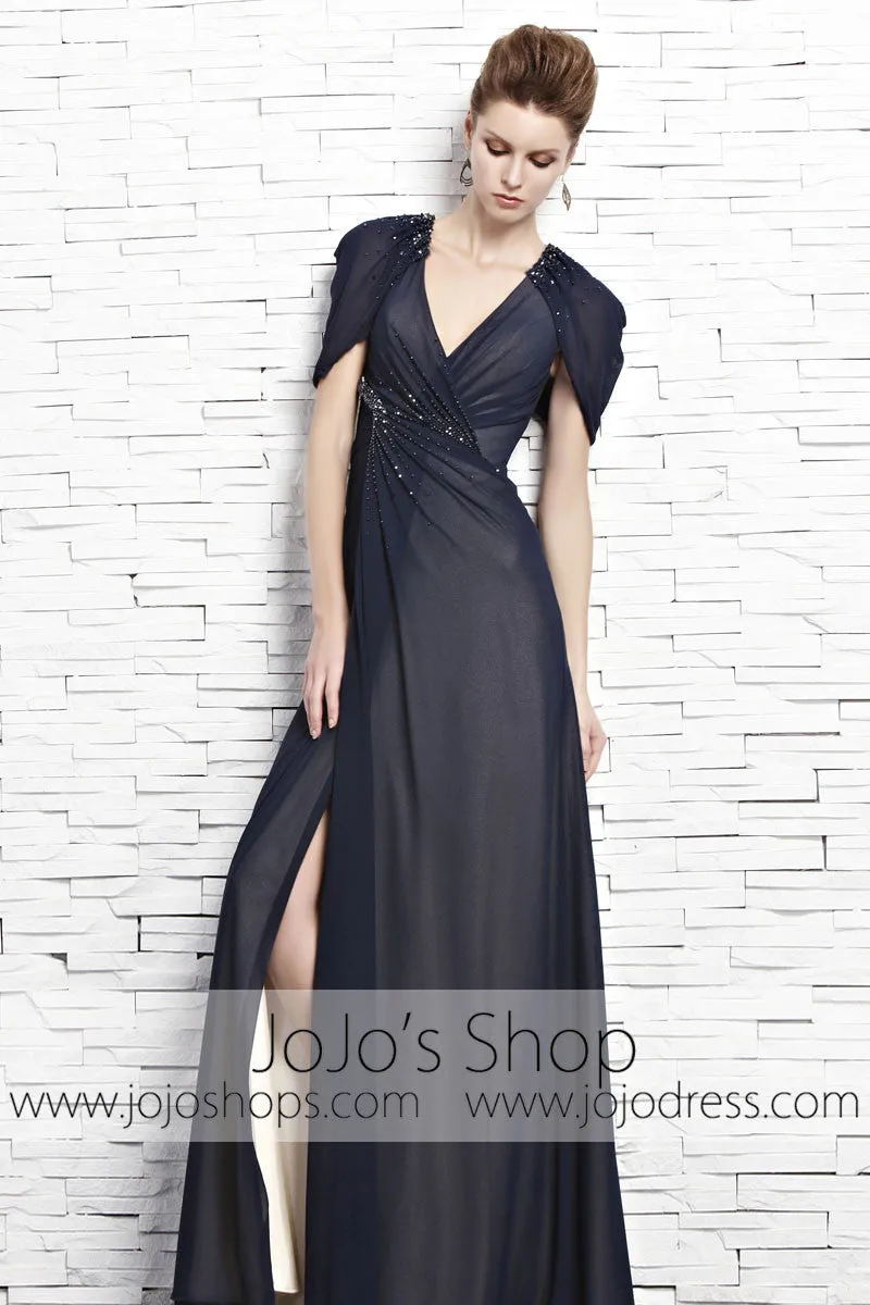 Navy Blue Short Sleeves Chiffon V Neck Evening Formal Dress CX881533