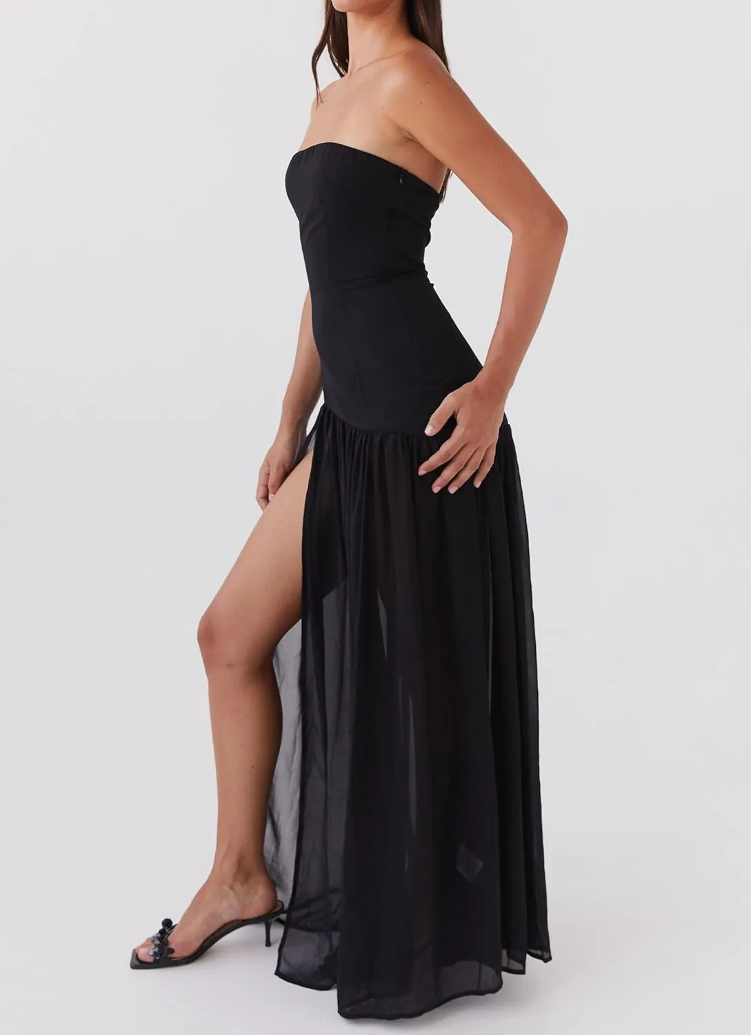 NUFIWI Women Y2k Strapless Maxi Dress Drop Waist Tube Top Dresses High Slit Off Shoulder Sleeveless Flowy Long Dress