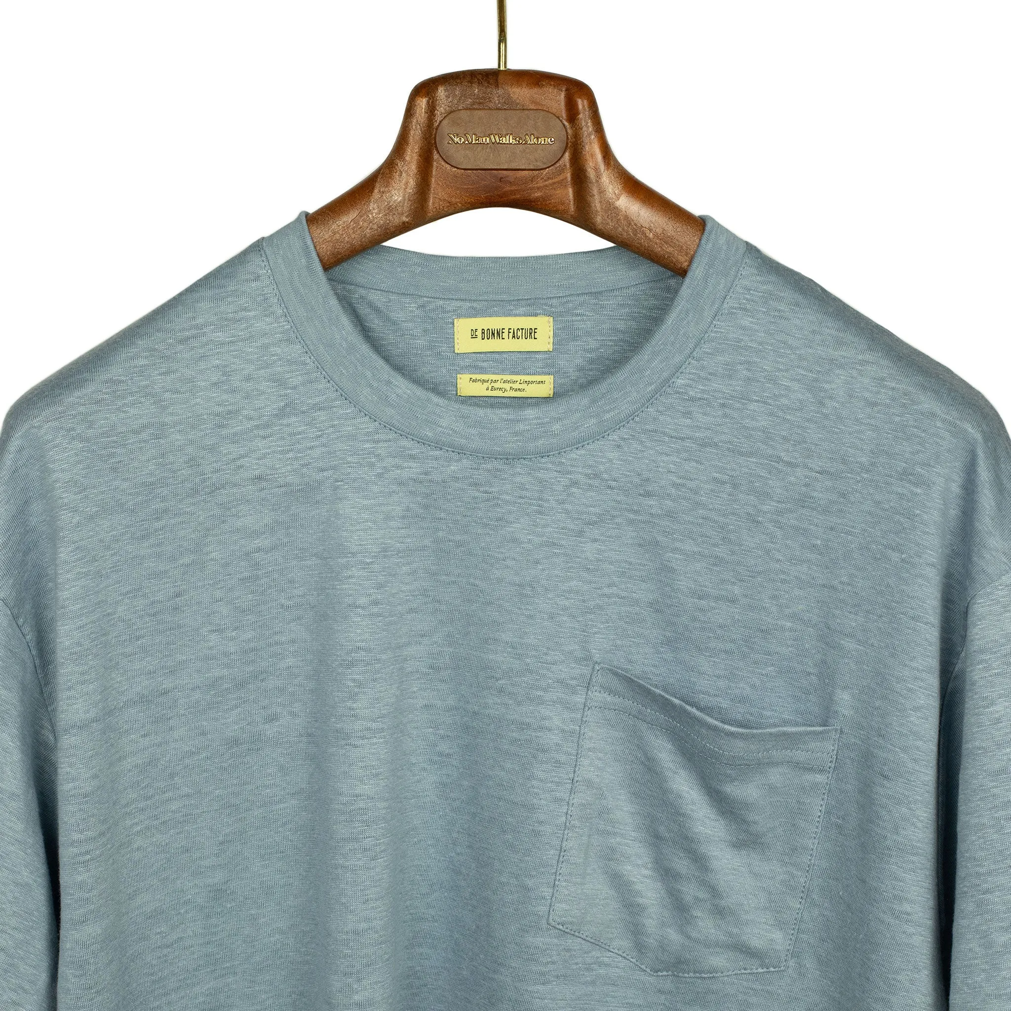 Oversized pocket tee in smoke blue French linen jersey (restock)