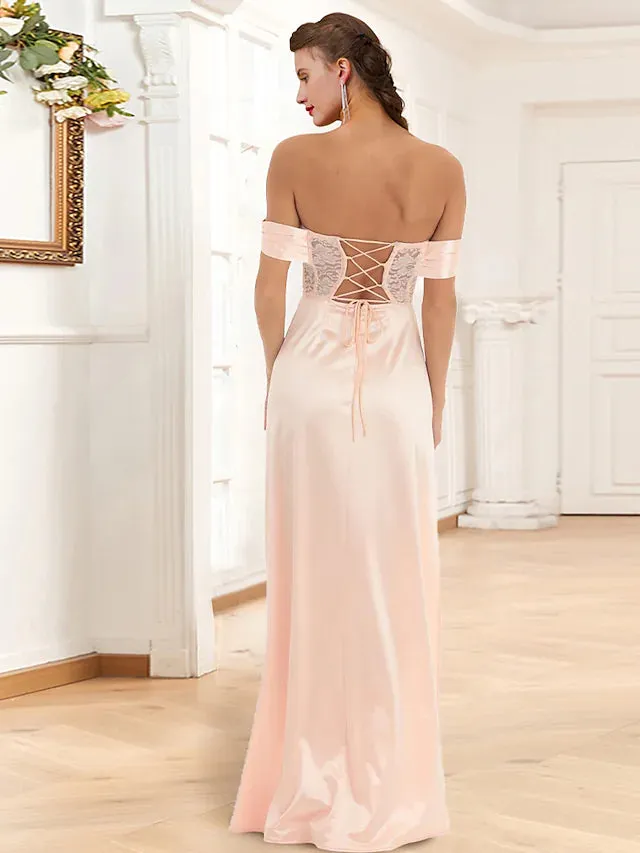 Prom Dresses Corsets Dress Party Wear Floor Length Sleeveless Off Shoulder Lace with Slit Appliques