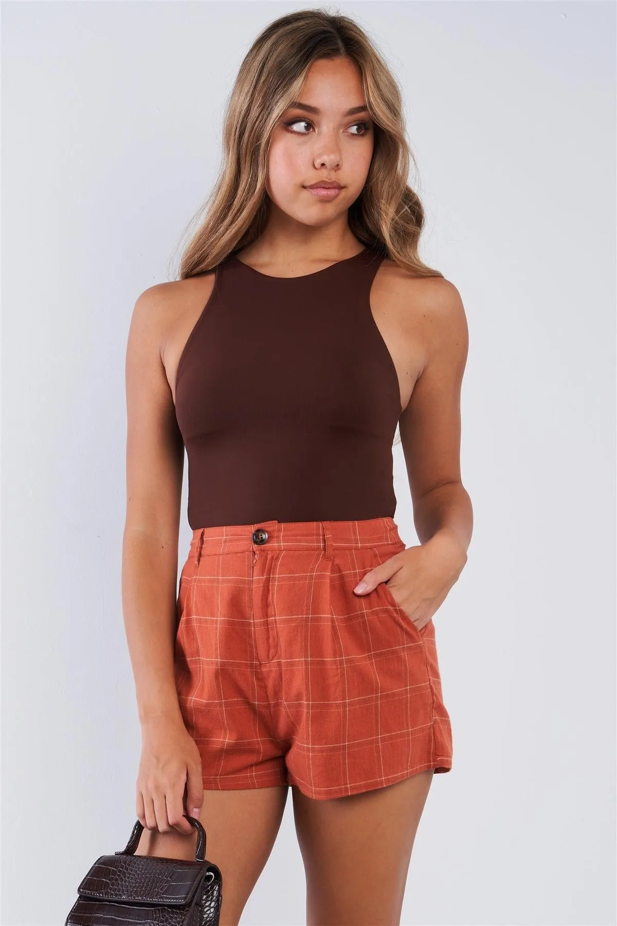 Rust High Waisted Plaid Relaxed Fit Mini Shorts /3-2-1