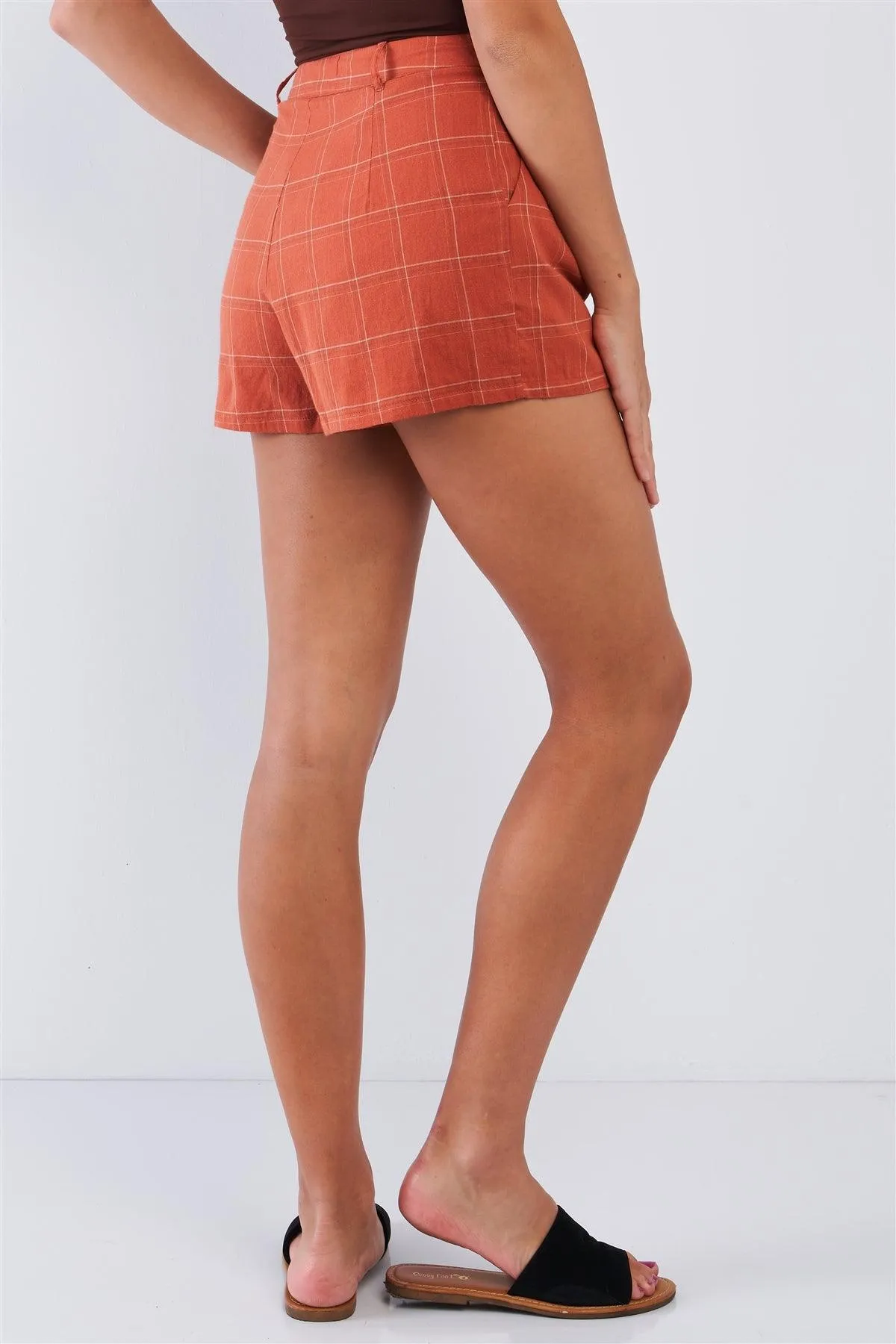 Rust High Waisted Plaid Relaxed Fit Mini Shorts /3-2-1