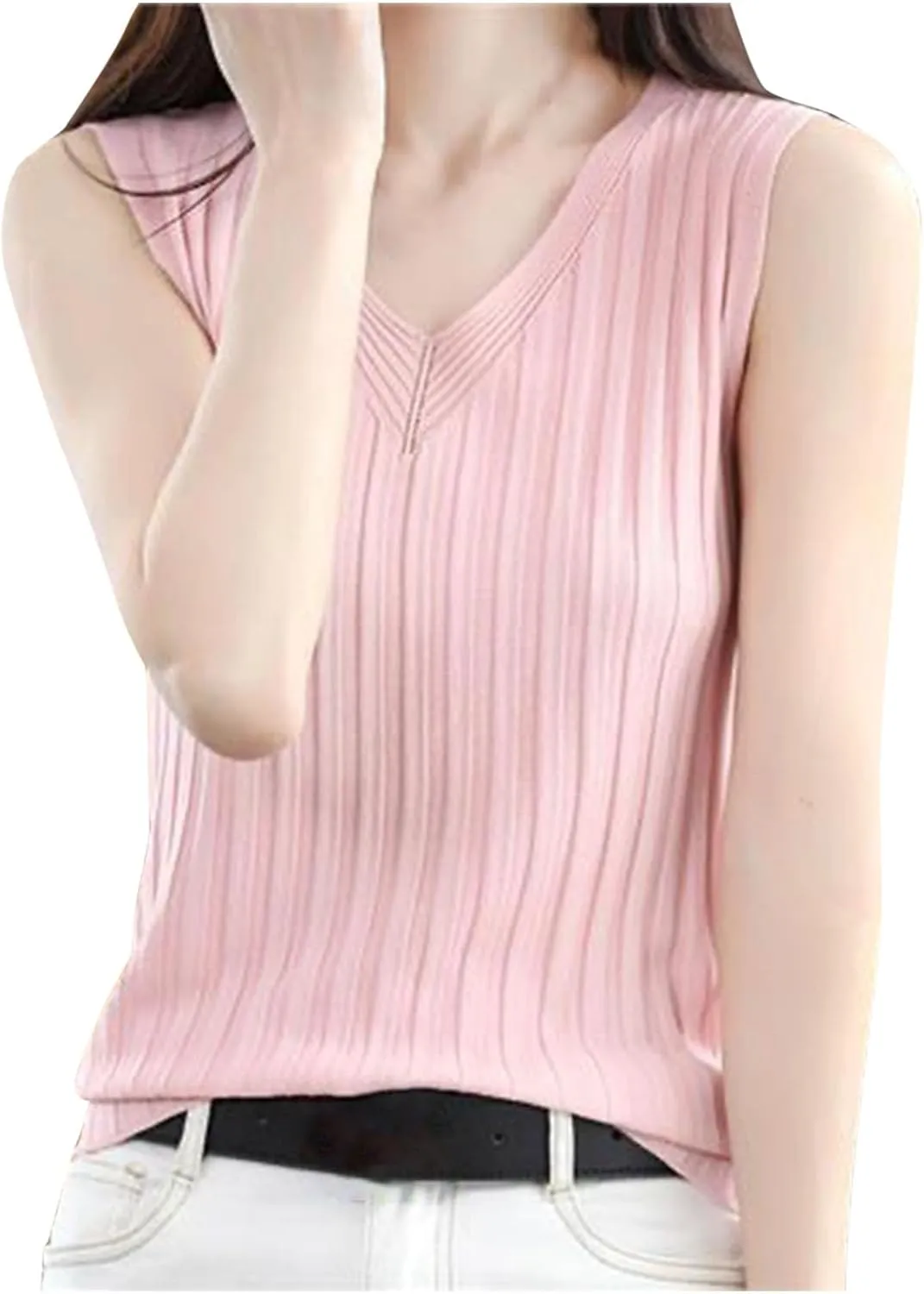 Ruziyoog Tank Top for Women Sleeveless Ribbed Knit V Neck Camisole Casual Loose Fit Summer Basic Sweater Vest