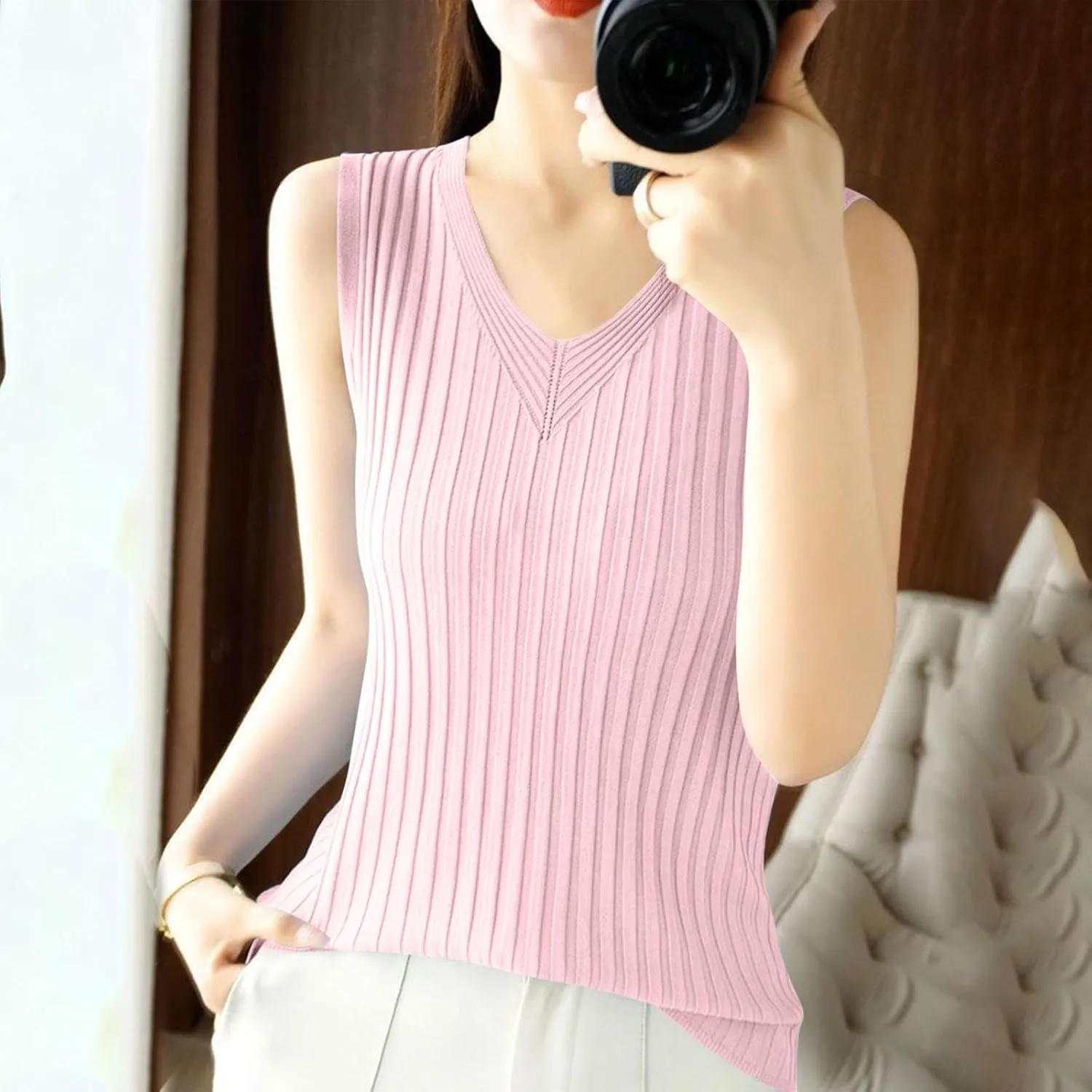 Ruziyoog Tank Top for Women Sleeveless Ribbed Knit V Neck Camisole Casual Loose Fit Summer Basic Sweater Vest